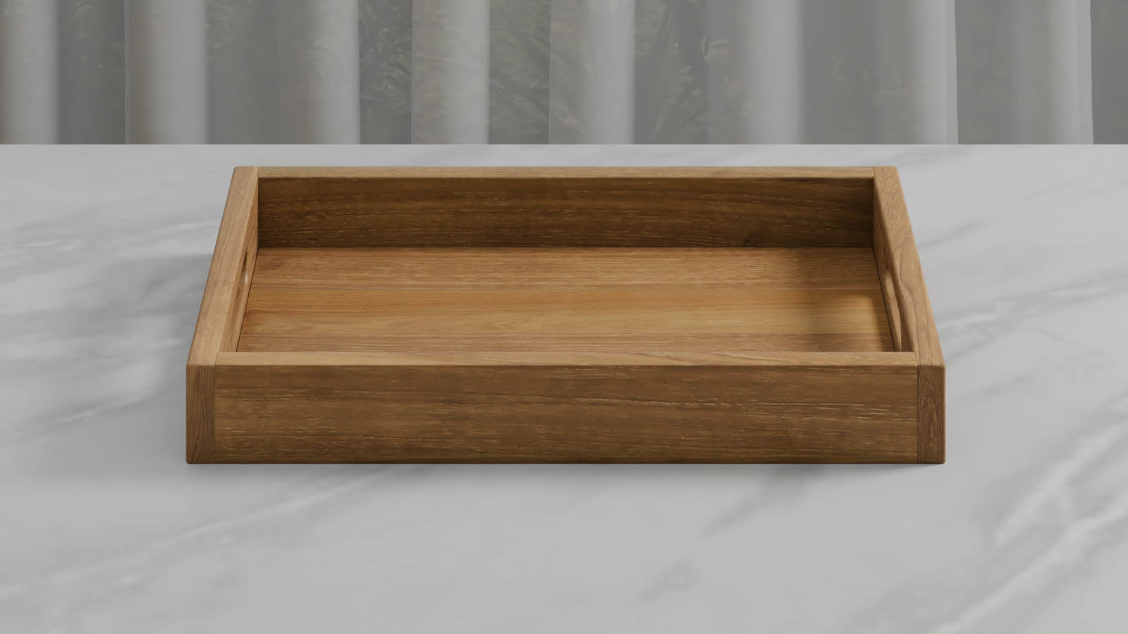 A Rectangular Teak Tray with Slotted Handle front view