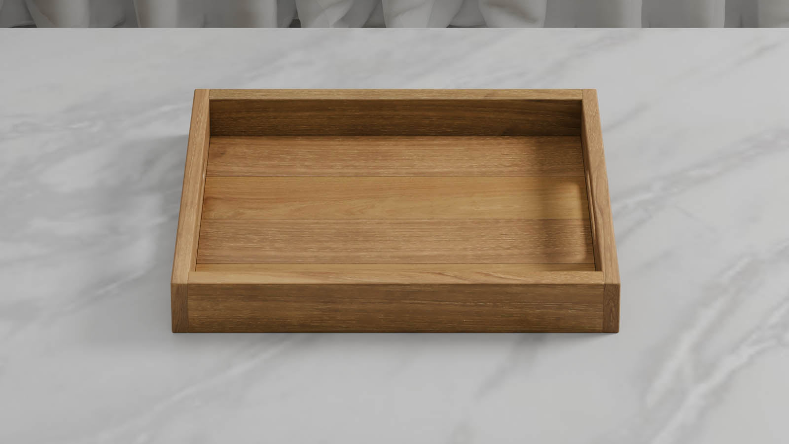 A Rectangular Teak Tray with Slotted Handle overhead perspective