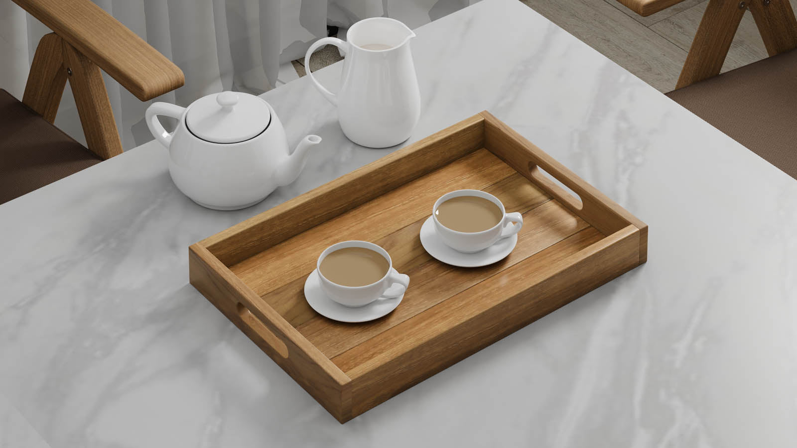 A Rectangular Teak Tray with Slotted Handle serving cups of tea