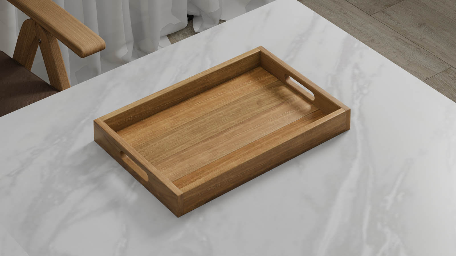 A Large Rectangular Teak Tray with Slotted Handle 45cm x 30cm
