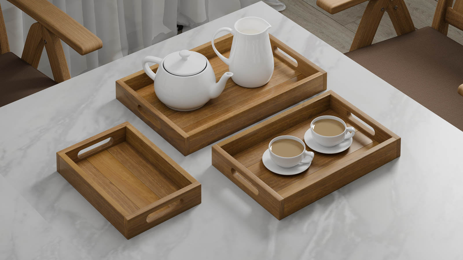 A Set of 3 Rectangular Teak Trays with Slotted Handle serving tea