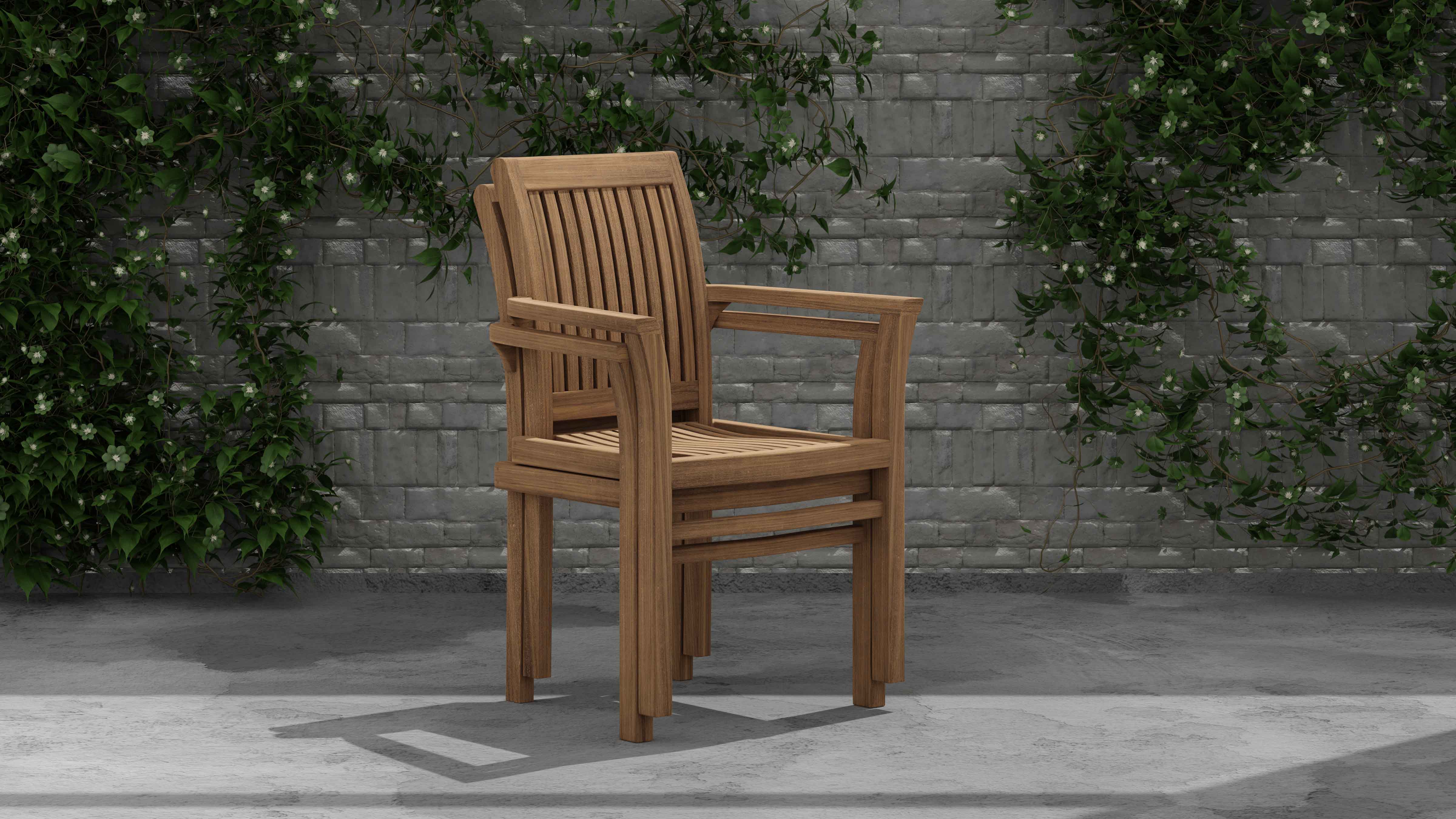 Wells Teak Stacking Carver Chairs Shown Stacked Two High