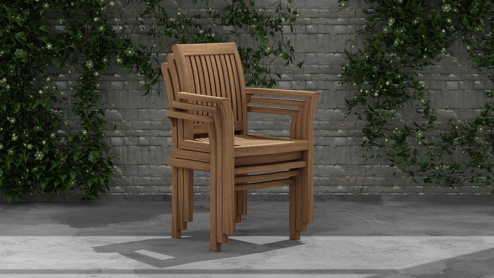 Wells Teak Stackable Garden Carver Chair Showing Three Stacked