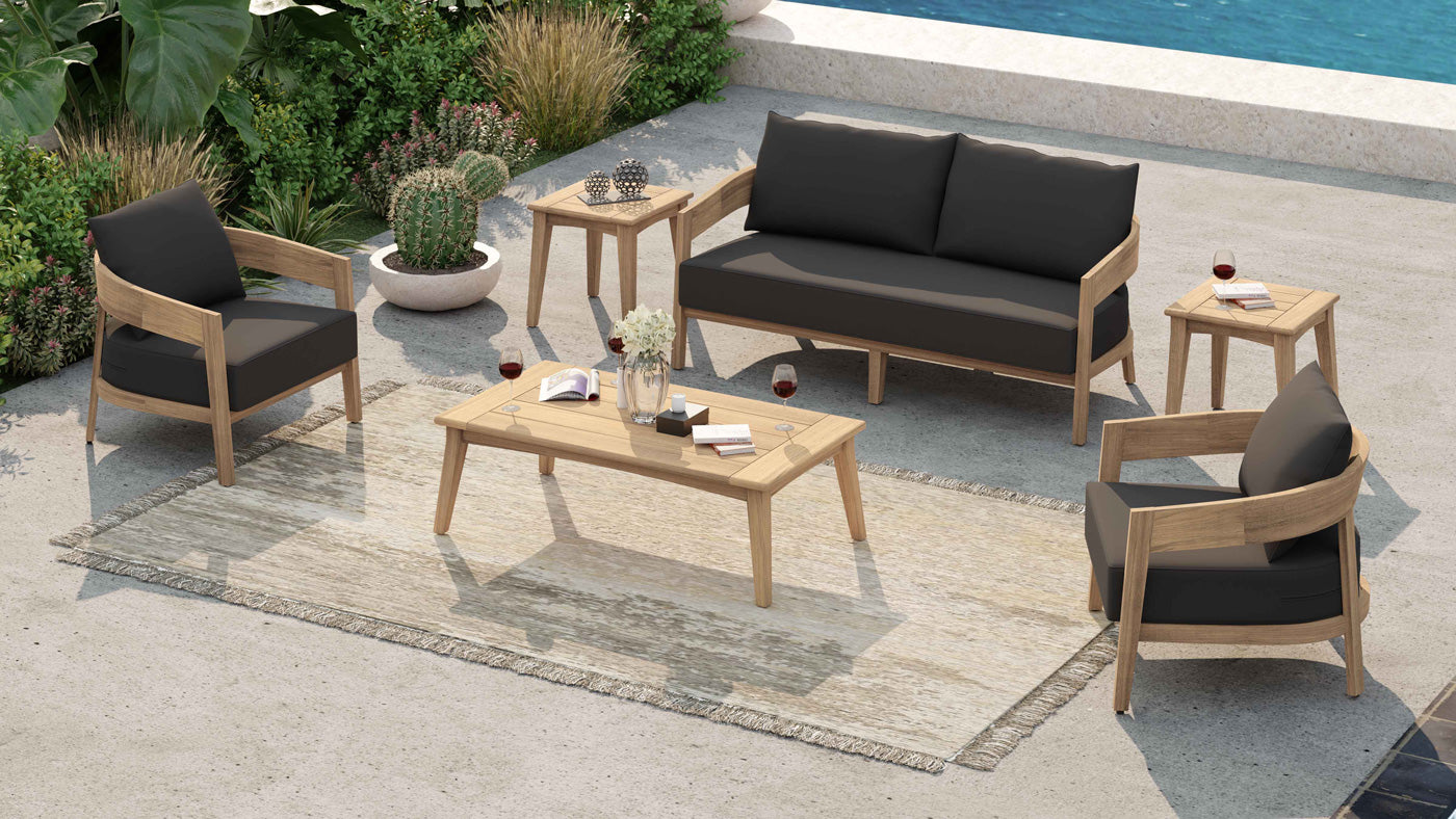 The Windsor Teak Rectangular Coffee Table Shown With Sofa, Lounge Armchairs and Square Side Tables