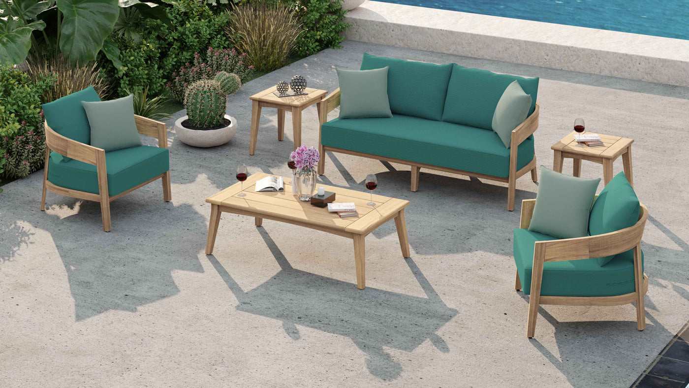 Windsor Teak Sofa Set Featuring Two Seater Sofa & Two Lounge Armchairs with Rectangular Coffee Table (Optional Extra) in The Paris Range Teal & Sky Colour 