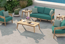 Windsor Teak Sofa Set Featuring Two Seater Sofa & Two Lounge Armchairs with Rectangular Coffee Table (Optional Extra) in The Paris Range Teal & Sky Colour 