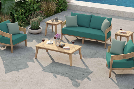 Windsor Teak Sofa Set Featuring Two Seater Sofa & Two Lounge Armchairs with Rectangular Coffee Table (Optional Extra) in The Paris Range Teal & Sky Colour 