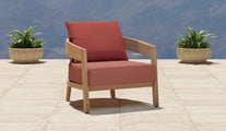 Windsor Teak Lounge Armchair with Terracotta Back & Amber Seat Cushions Overhead Perspective