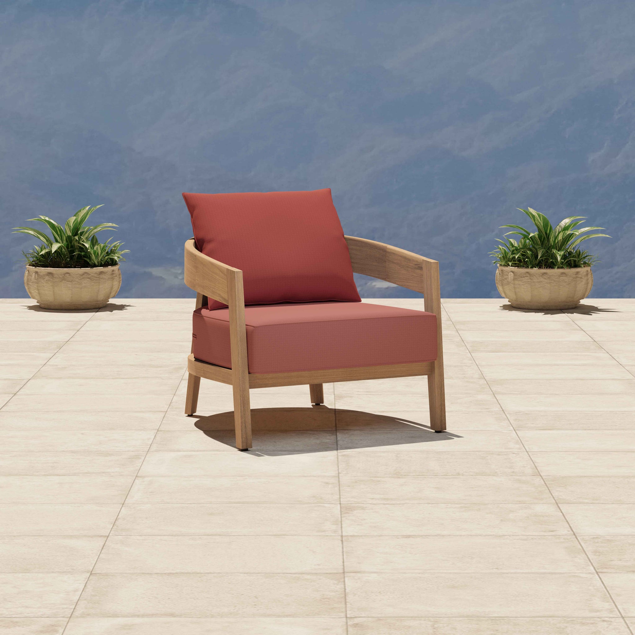 Windsor Teak Lounge Armchair with Terracotta Back & Amber Seat Cushions Overhead Perspective