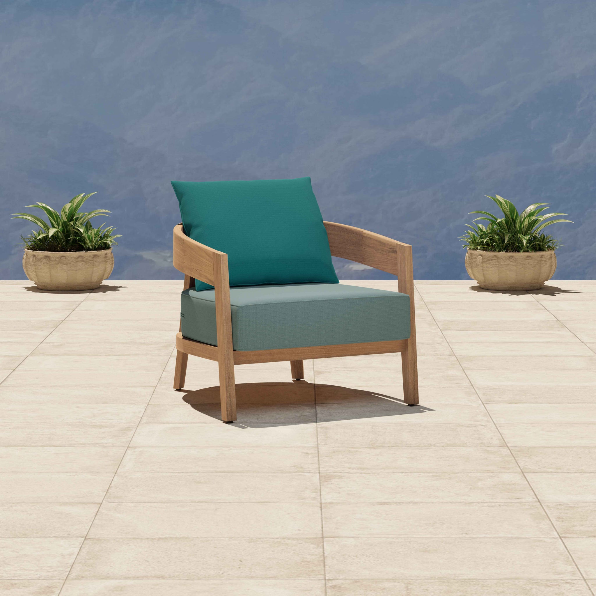 Windsor Teak Lounge Armchair Featuring Our Paris Range - Seat Cushion in Sky Back Cushion in Teal