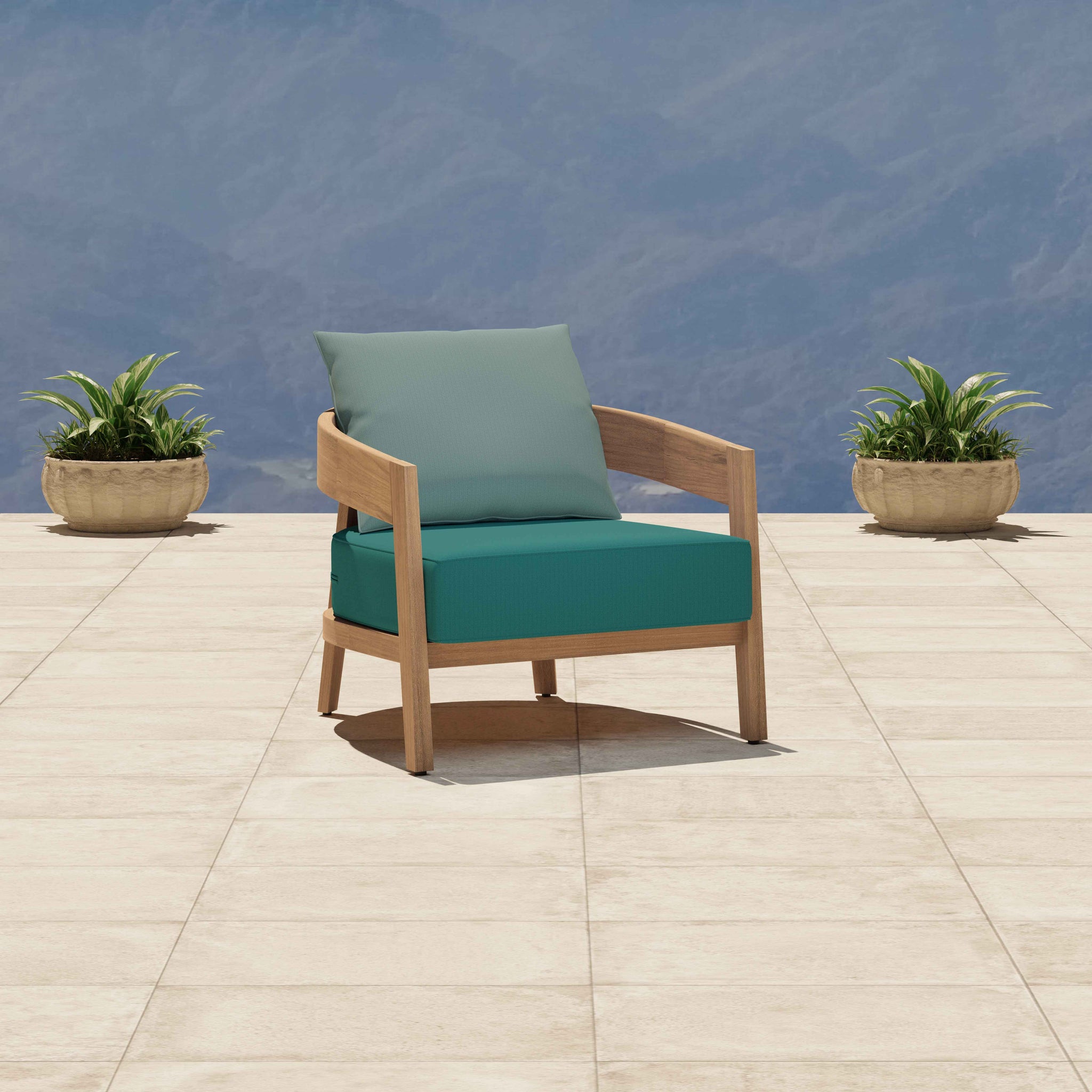 Windsor Teak Lounge Armchair Featuring Our Paris Range - Seat Cushion in Teal Back Cushion in Sky