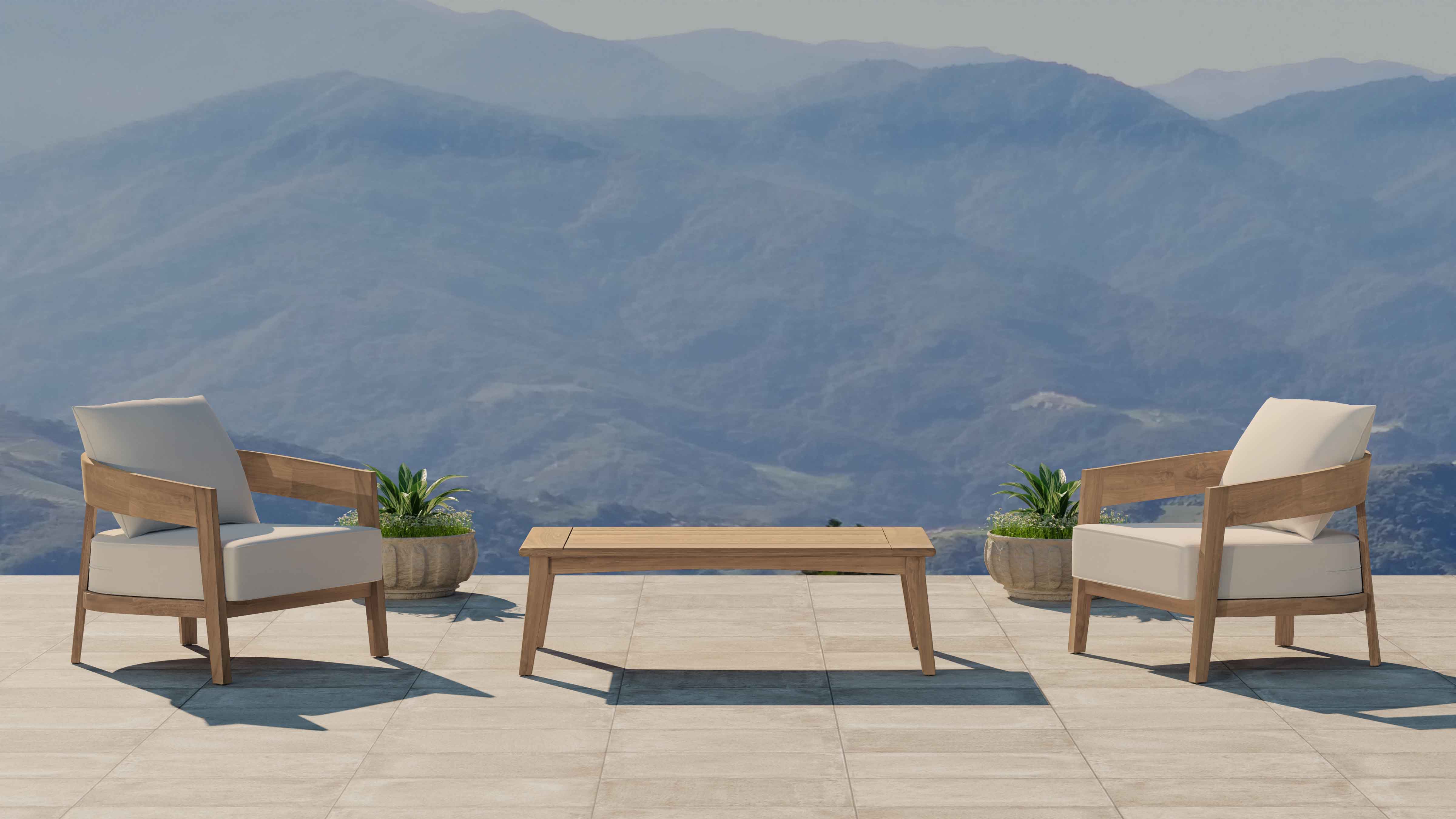 Windsor Teak Lounge Armchair with Ecru Cushions Shown As A Set With Two Chairs and Rectangular Coffee Table