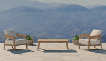 Windsor Teak Lounge Armchair with Ecru Cushions Shown As A Set With Two Chairs and Rectangular Coffee Table
