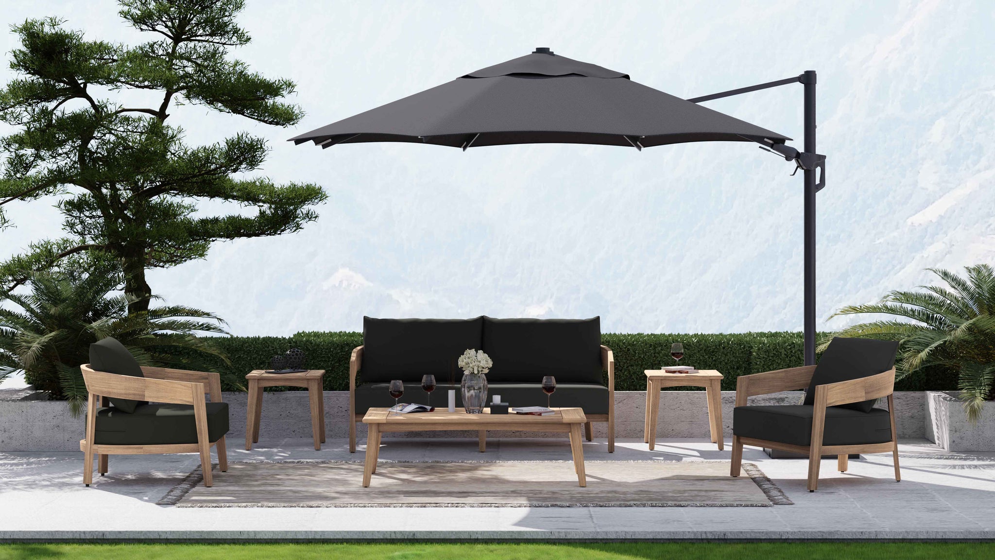 Windsor Teak Lounge Set Showing Two Seater Sofa, Two Lounge Armchairs in Graphite with Cantilever Parasol, Two Square Side Tables and A Rectangular Coffee Table - all available as optional extras in the range