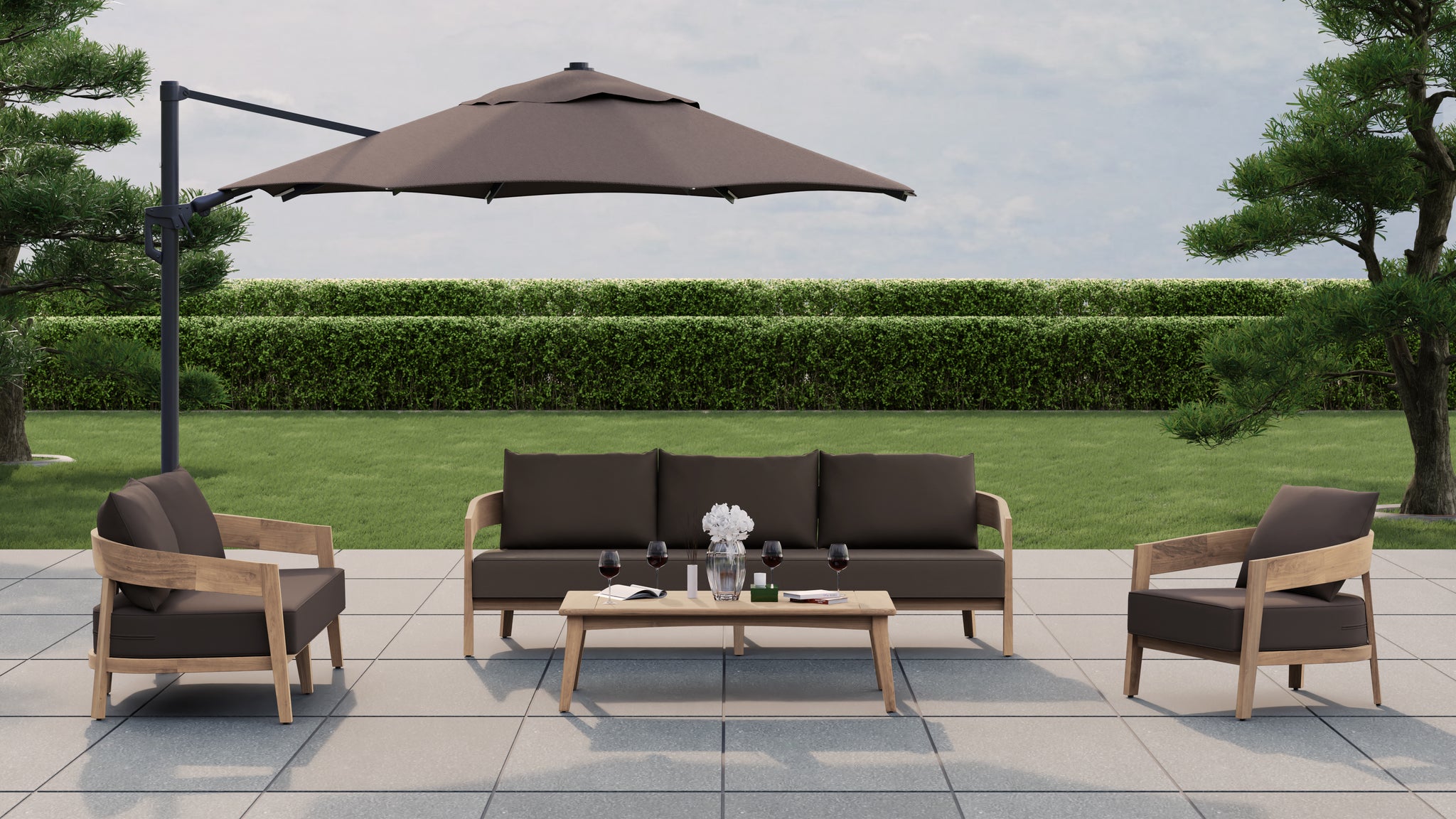 Windsor 3 Seater, 2 Seater Sofa, Lounge Armchair, Rectangular Coffee Table & Cantilever Parasol