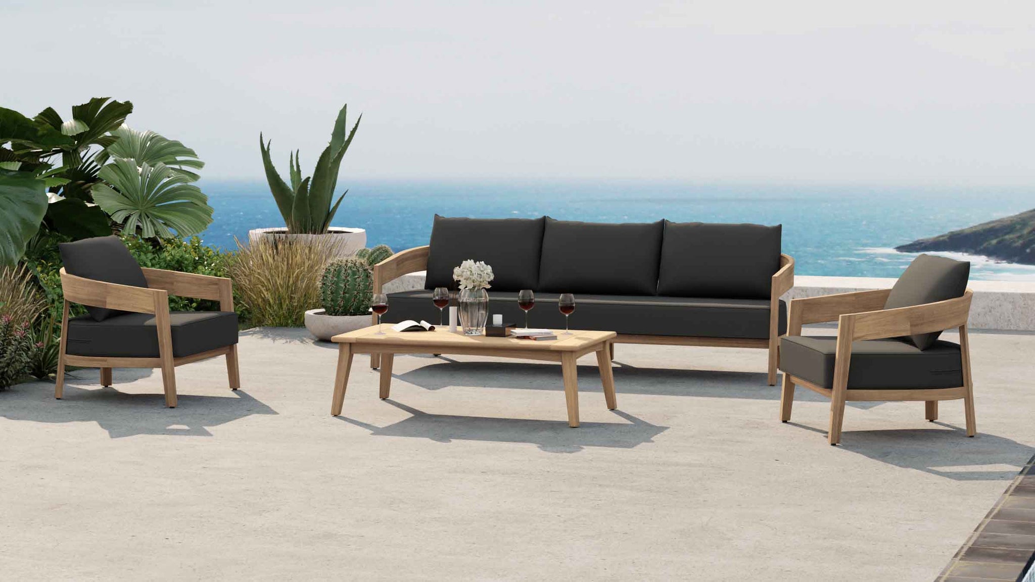 Windsor Teak Sofa Set Featuring Three Seater Sofa & Two Lounge Armchairs with Rectangular Coffee Table (Optional Extra)