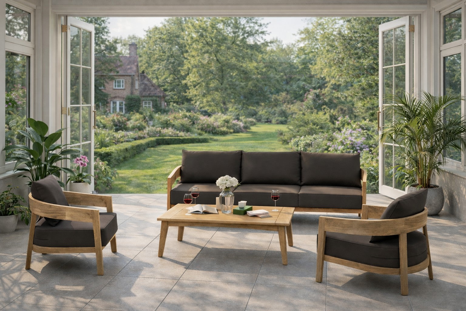 Windsor Teak Sofa Set Featuring Three Seater Sofa & Two Lounge Armchairs with Rectangular Coffee Table (Optional Extra)