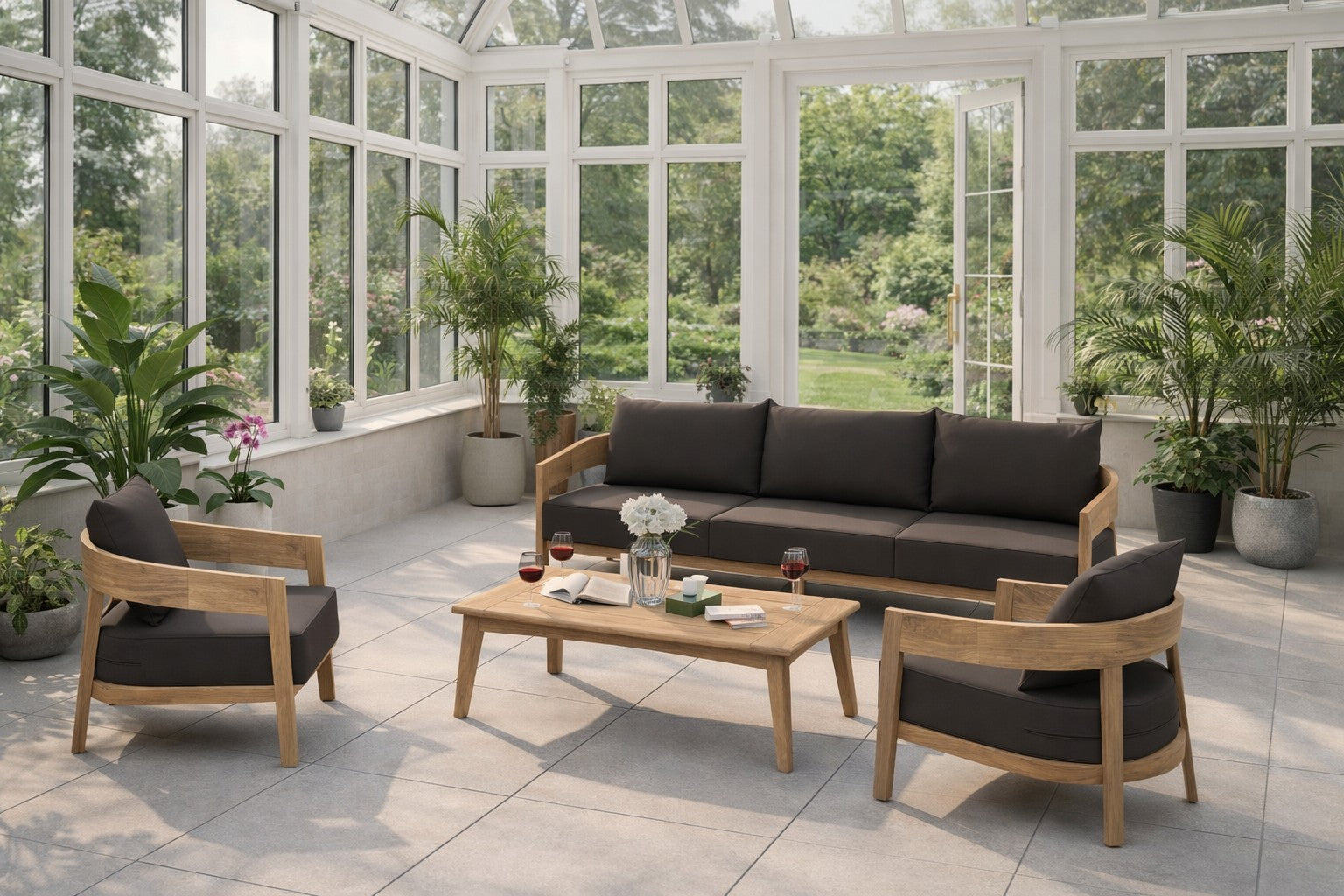 Windsor Teak Sofa Set Featuring Three Seater Sofa & Two Lounge Armchairs with Rectangular Coffee Table (Optional Extra)