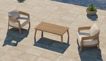 Windsor Teak Lounge Armchair with Ecru Cushions Shown As A Set With Two Chairs and Rectangular Coffee  Overhead Perspective