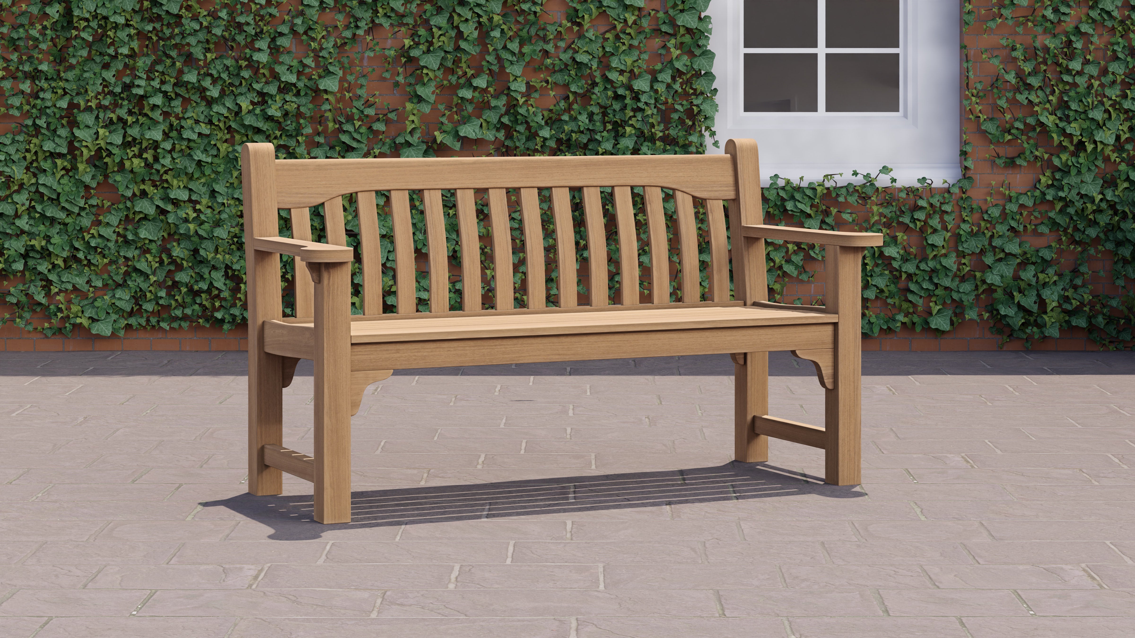 150cm York Commemorative Teak Bench Front Angled View