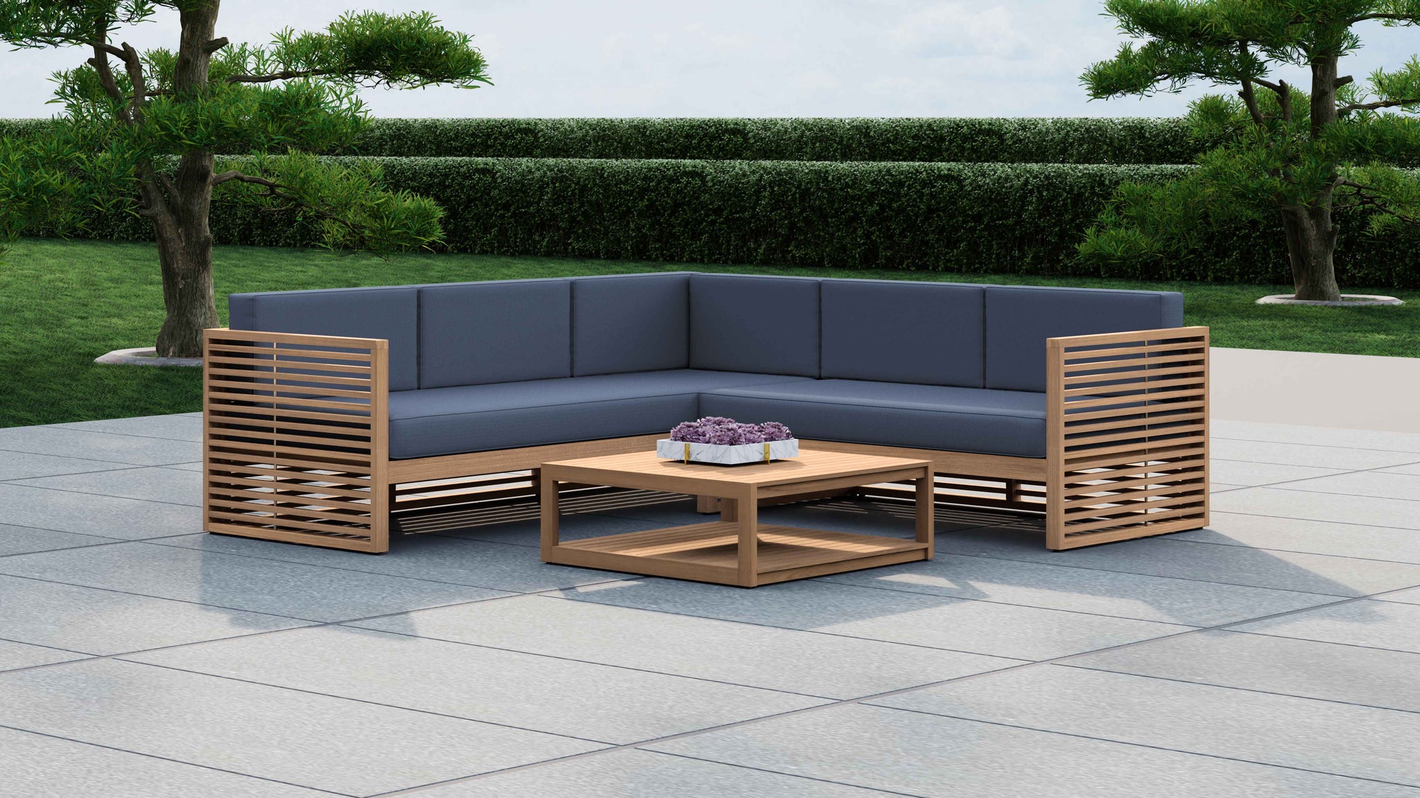 Buckingham Teak Square Coffee Table with Shelf Shown with Modular Sofa in Cornflower Blue from our Paris range