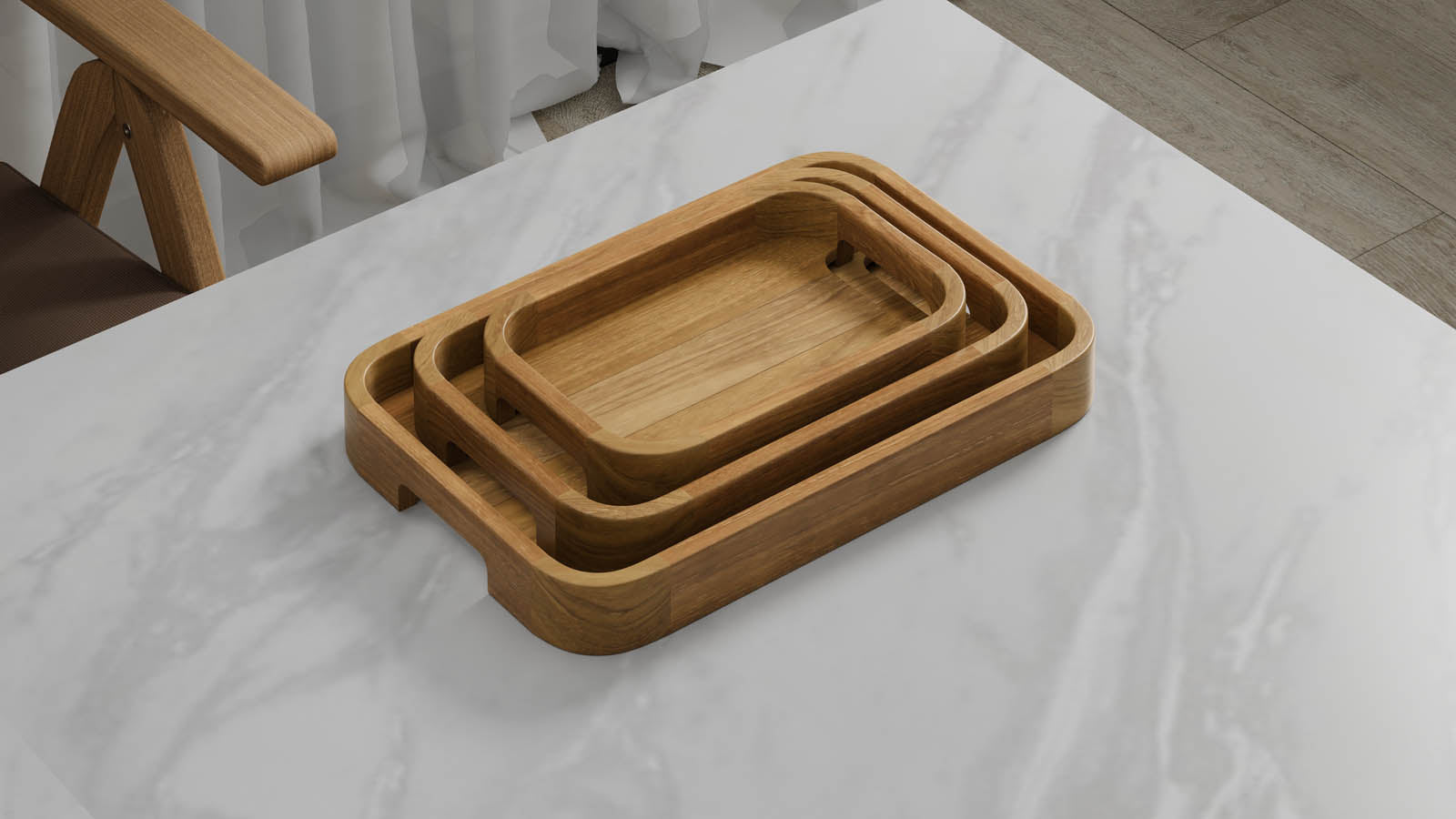 A Set of 3 Rectangular Teak Trays with Curved Corners and Integral Handle