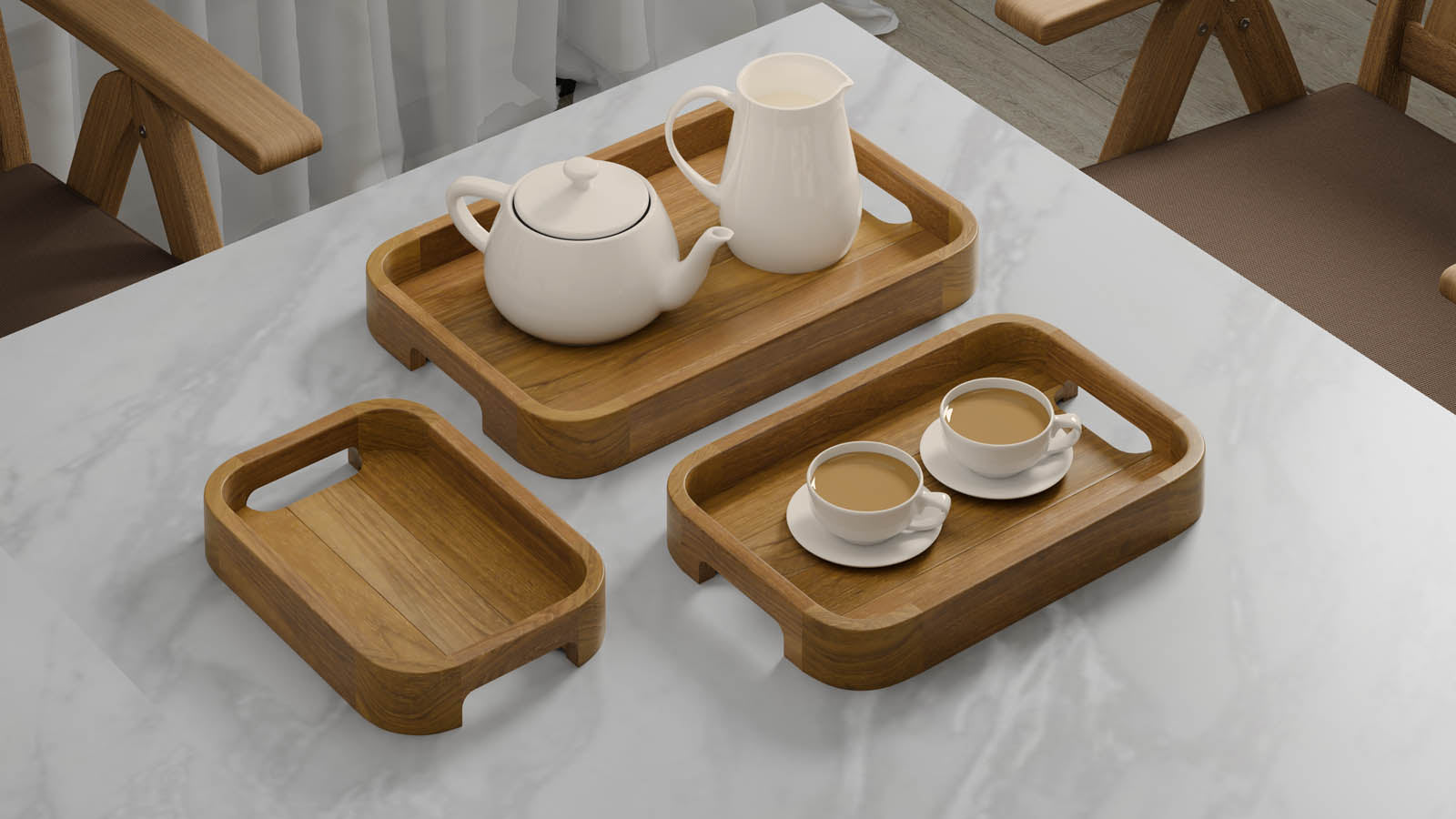 A Set of 3 Rectangular Teak Trays with Curved Corners and Integral Handle serving tea
