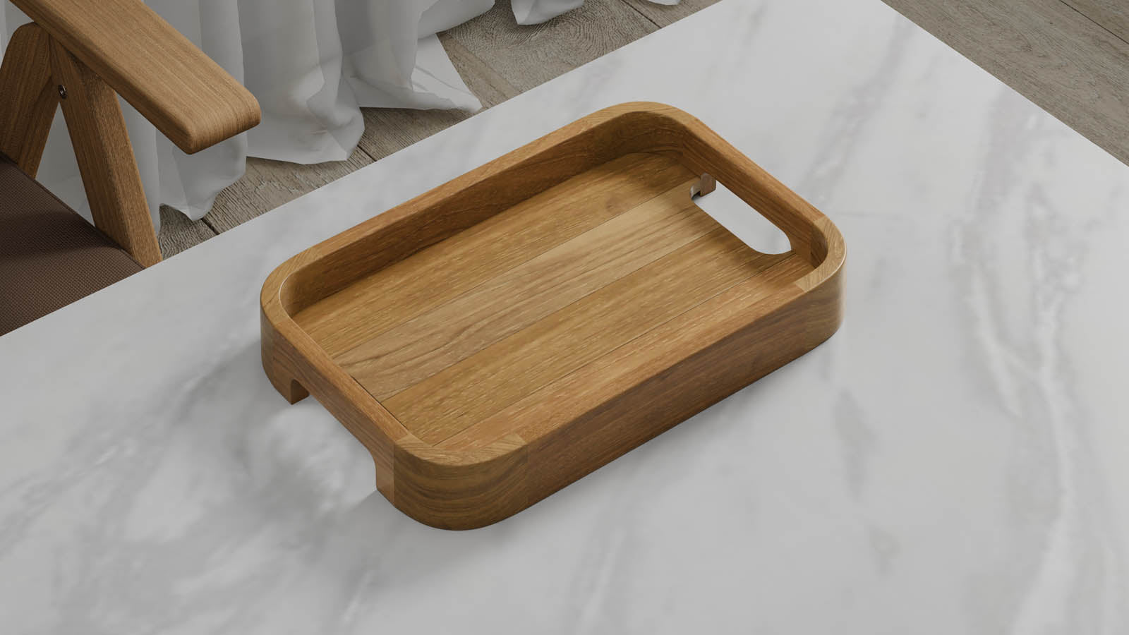 A Medium Rectangular Teak Tray with Curved Corners and Integral Handle 37.5cm x 25cm