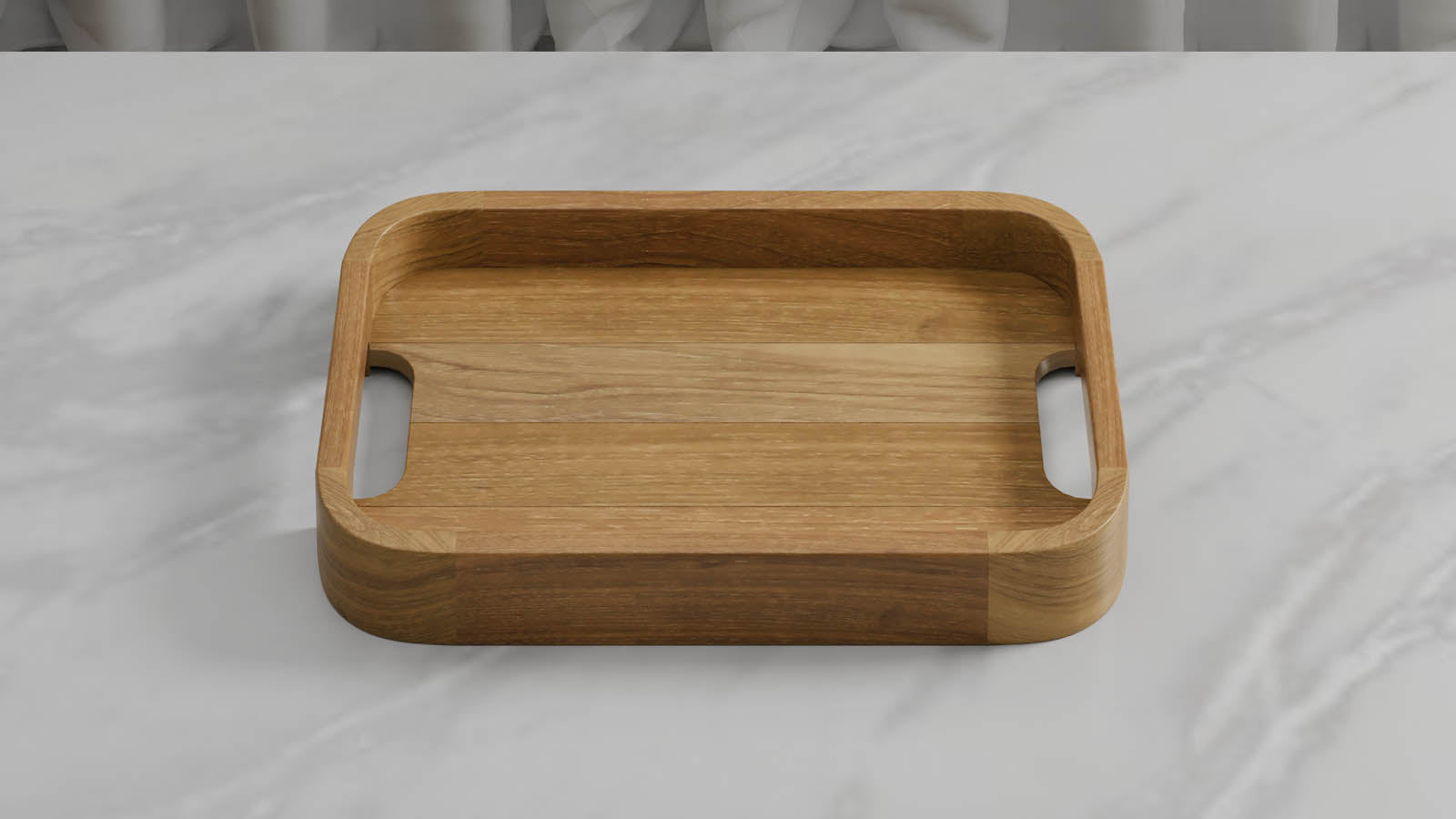 A Rectangular Teak Tray with Curved Corners and Integral Handle overhead perspective