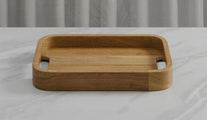 A Rectangular Teak Tray with Curved Corners and Integral Handle front view