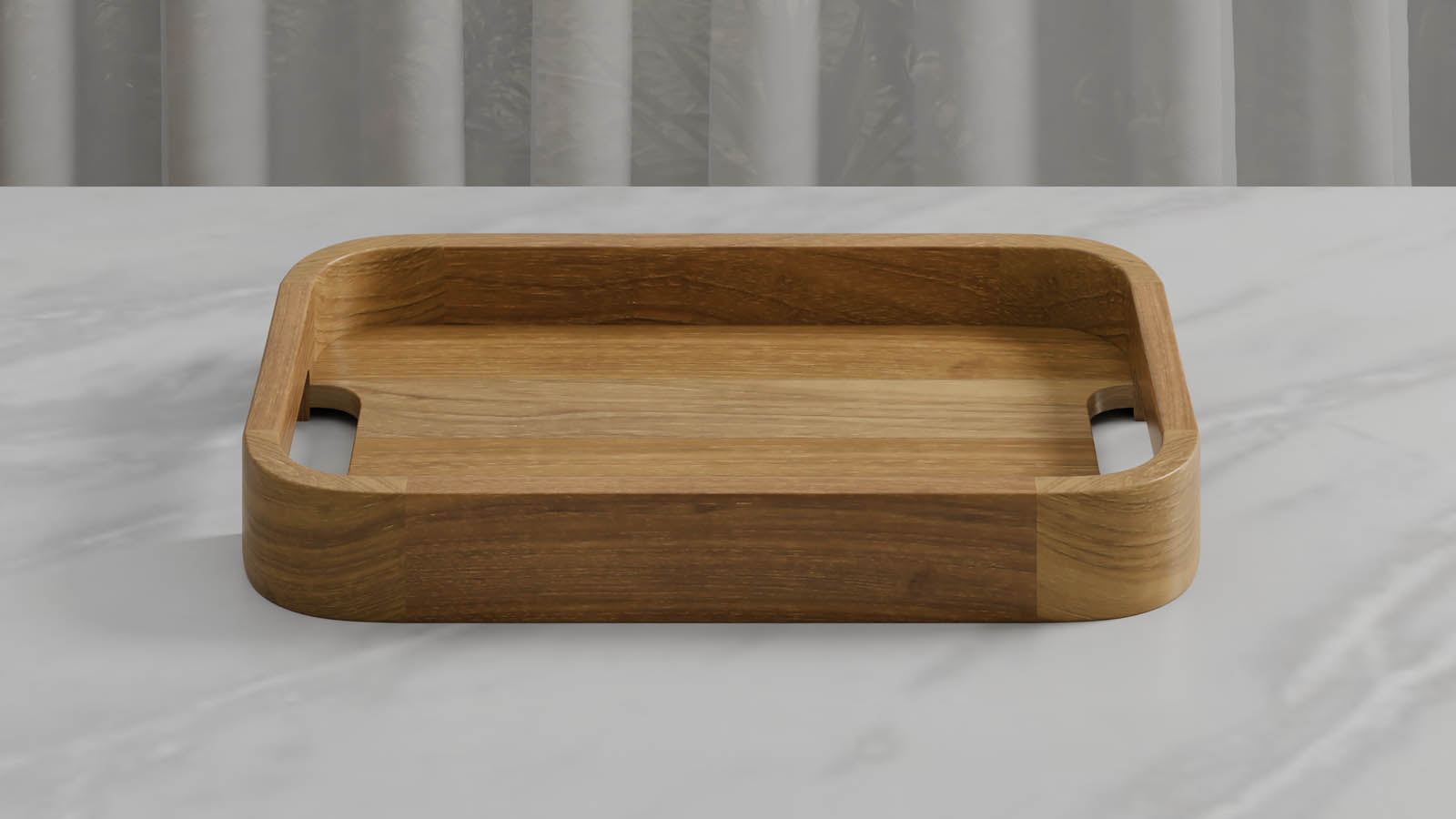 A Rectangular Teak Tray with Curved Corners and Integral Handle front view