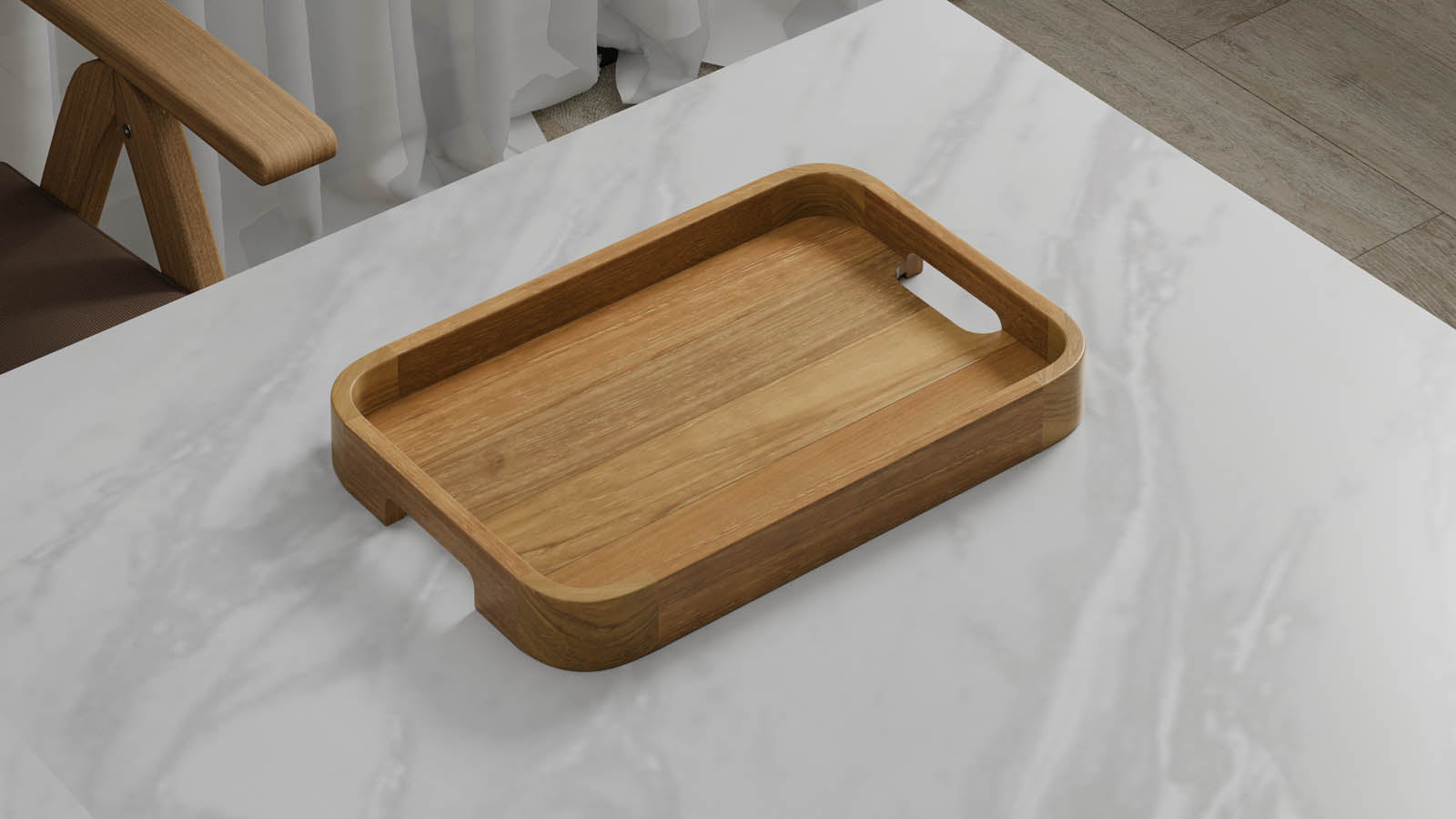 A Large Rectangular Teak Tray with Curved Corners and Integral Handle 45cm x 30cm