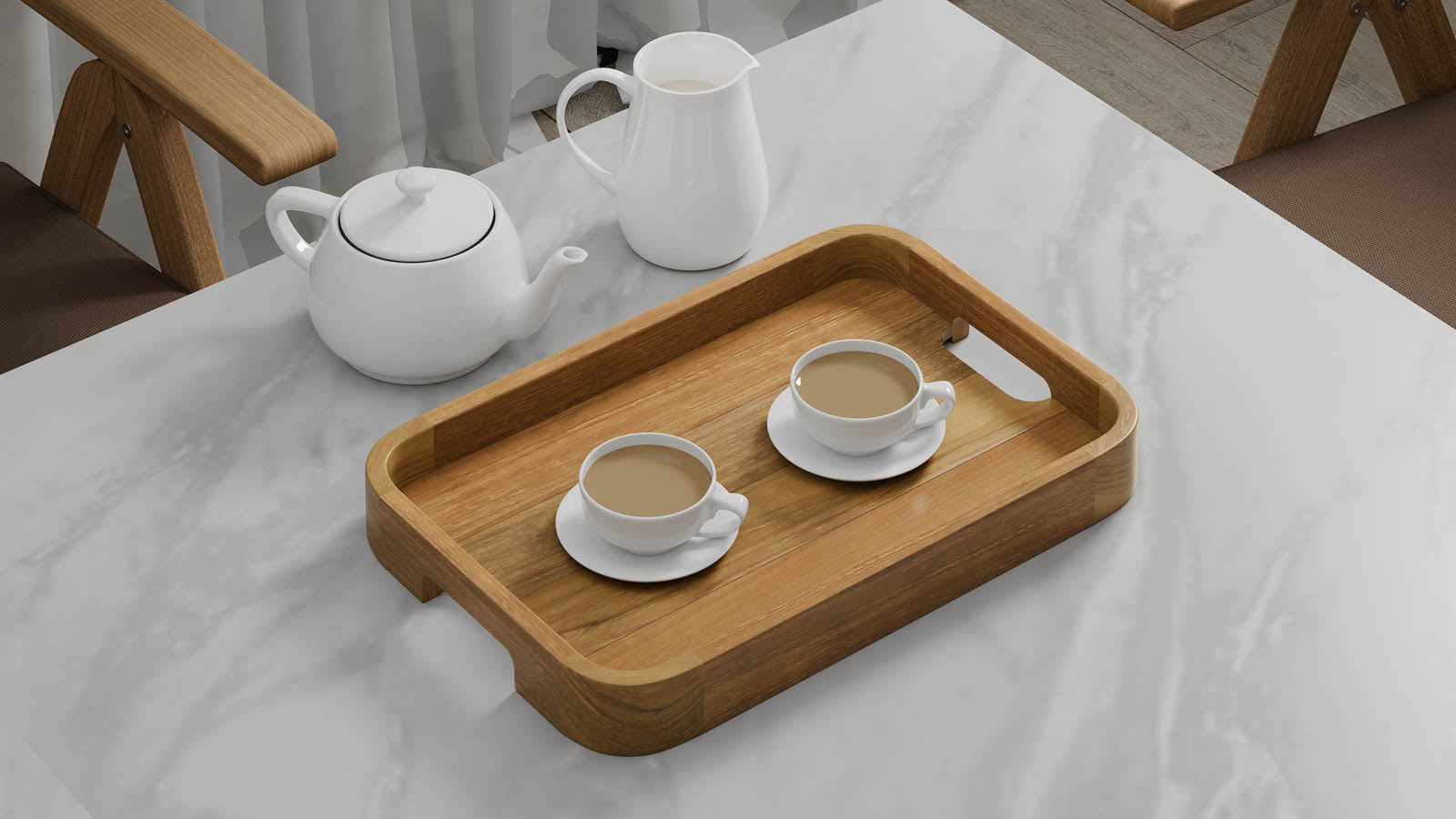 A Rectangular Teak Tray with Curved Corners and Integral Handle serving two cups of tea