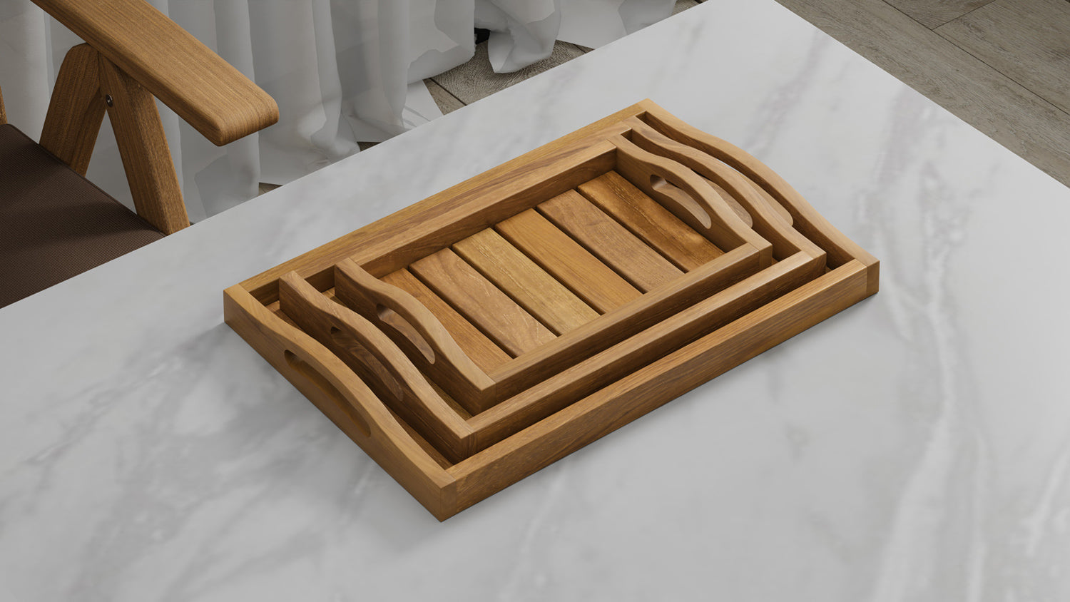 A Set of 3 Teak Trays with Arched Handle