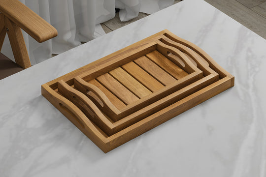 A Set of 3 Teak Trays with Arched Handle