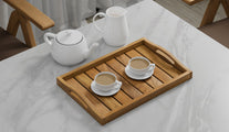 A Teak Trays with Arched Handle and two cups of tea