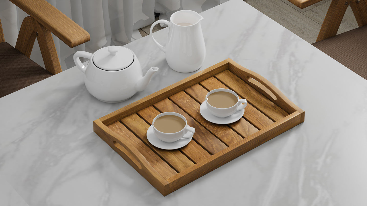 A Teak Trays with Arched Handle and two cups of tea
