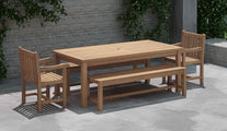 100 x 200cm Teak Fixed Rectangular Table with 2 Backless Benches and 2 Salisbury Carver Chairs Front Angled View