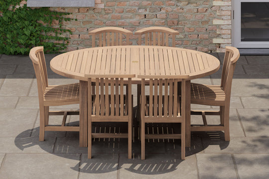 Fixed Teak Oval Garden Dining Table & 6 Winchester Dining Chairs Front View