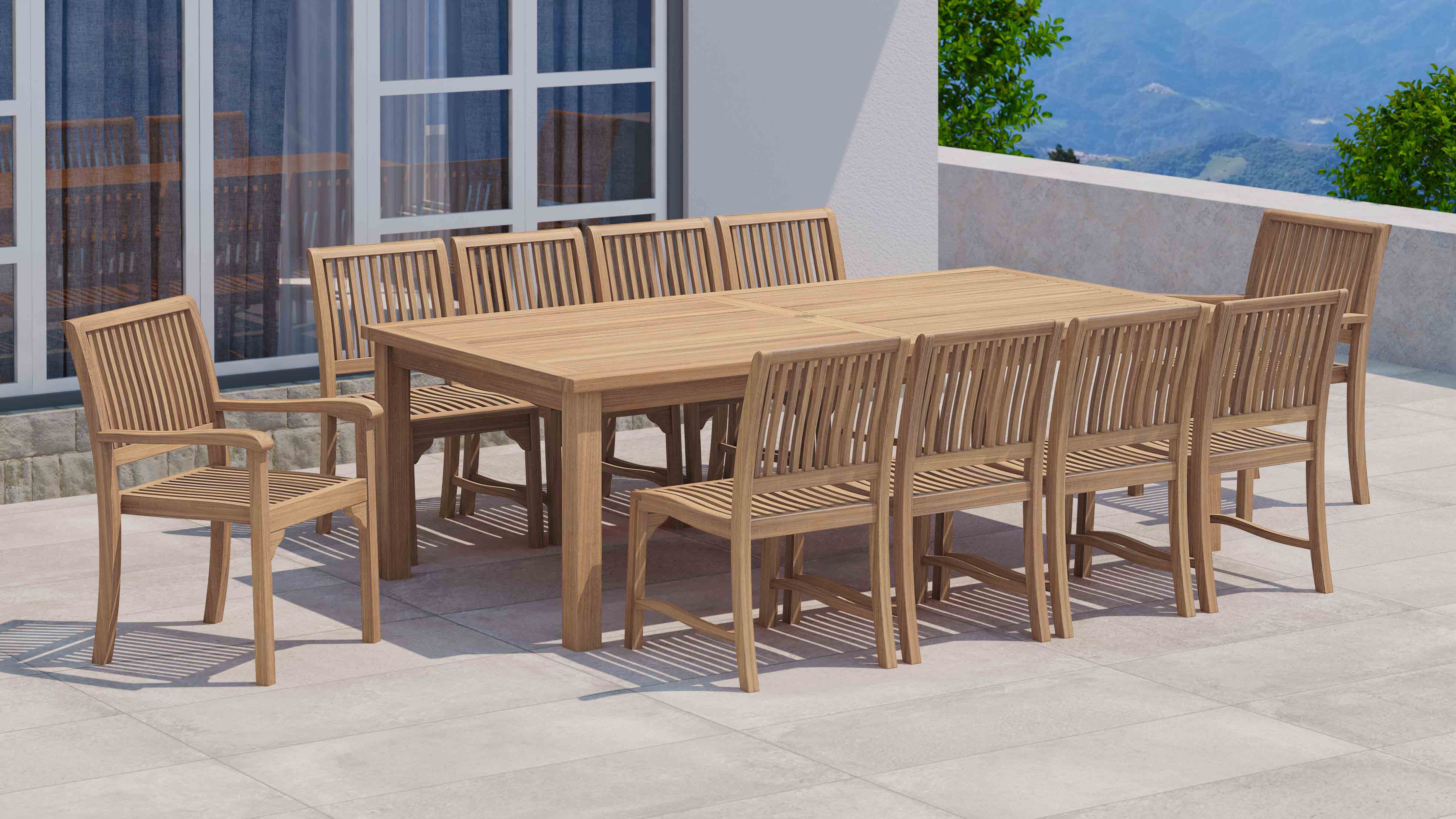 Teak Fixed Rectangular Dining Table with 10 Guildford Chairs