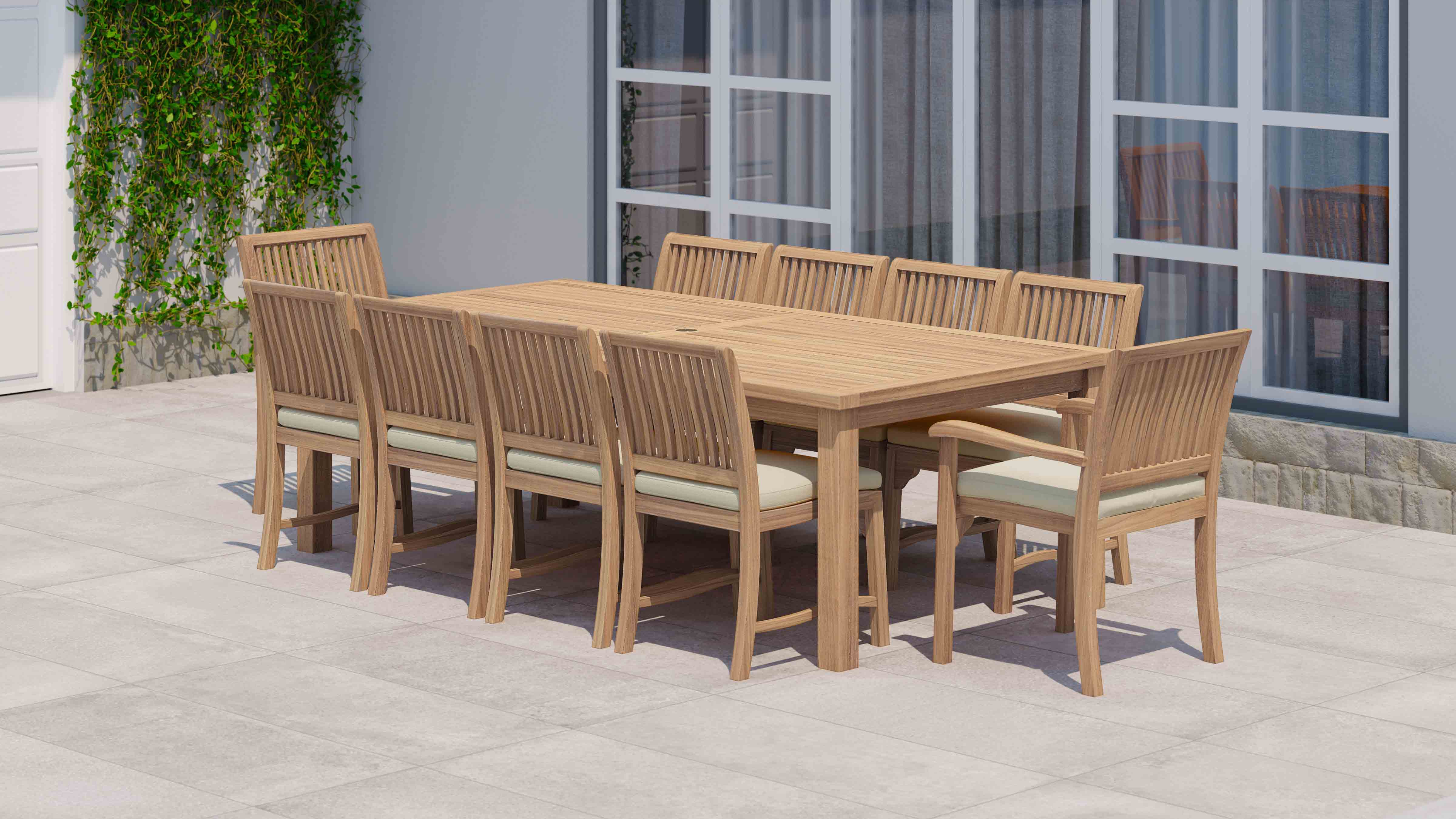 Teak Fixed Rectangular Dining Table with 10 Guildford Chairs & Ecru Cushions