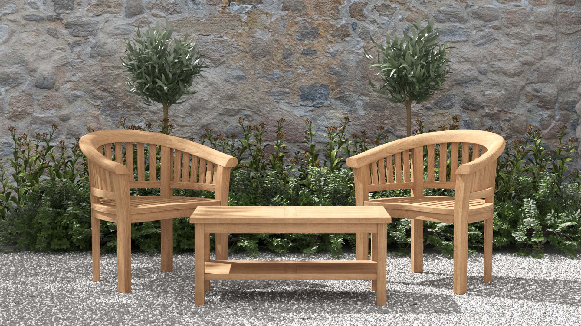 Two Gloucester Teak Lounge Garden Chairs with Rectangular Coffee  Tabe