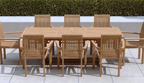 Teak Garden Extending Dining Table 180-240cm & 8 Wells Stacking Carver Chairs