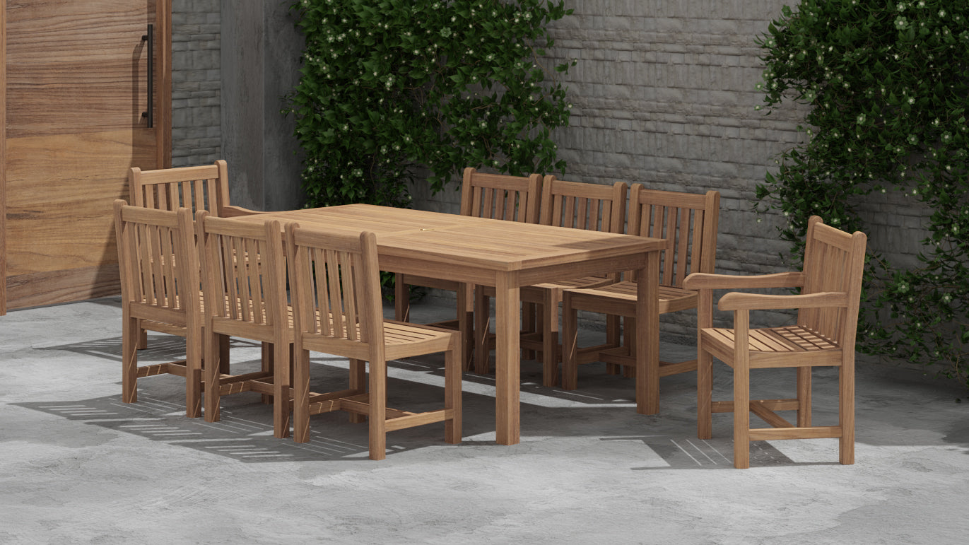 Fixed Rectangular Teak Table with Salisbury Dining Chairs