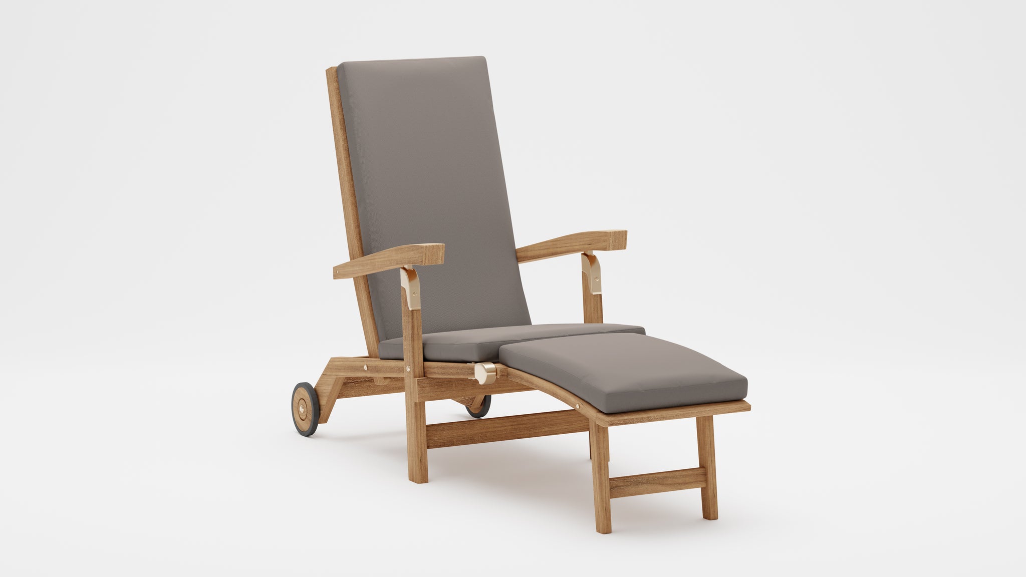 A traditional teak steamer chair with Light Grey Cushion