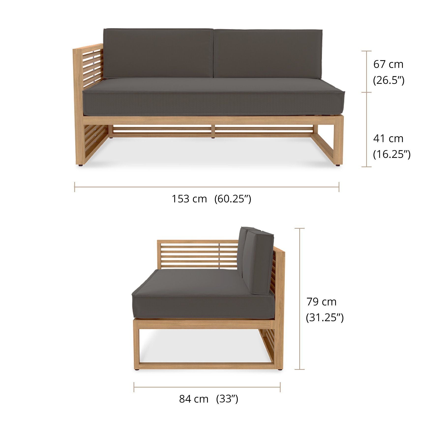 The Buckingham Right Hand Open End Modular 2 Seater Sofa - Dimensions