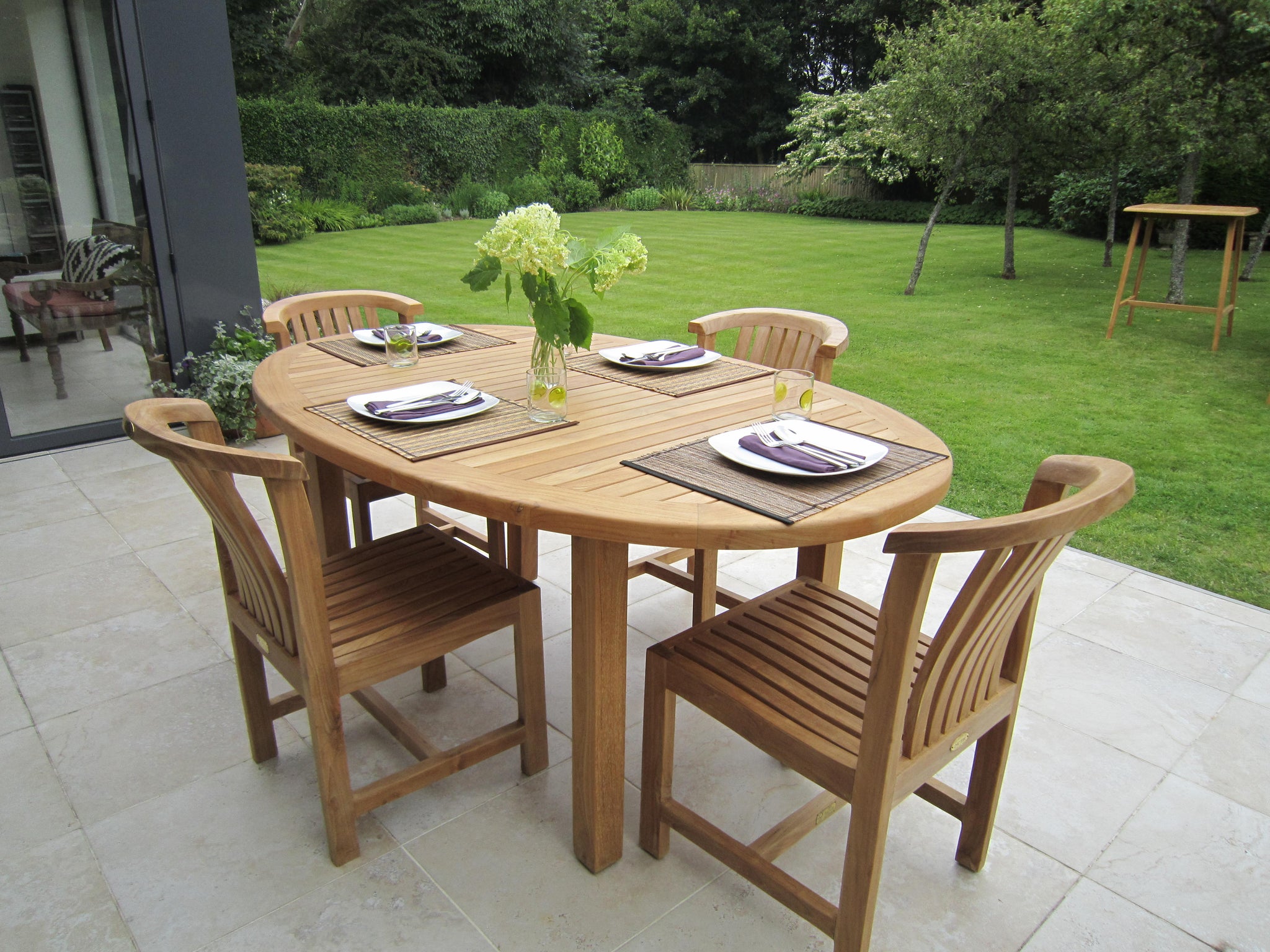 Teak oval garden dining table & chair set