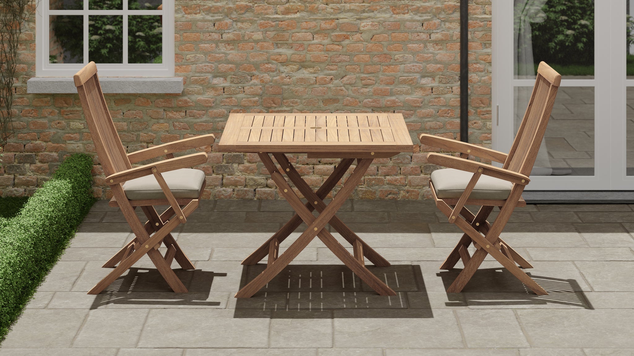 Square Teak Folding Table with  Lincoln Carver Chairs