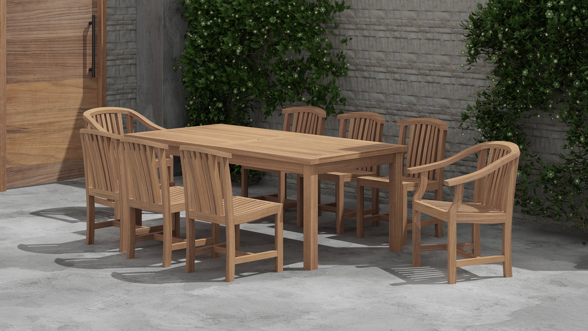 Fixed Rectangular Teak Table with 8 Winchester Chairs