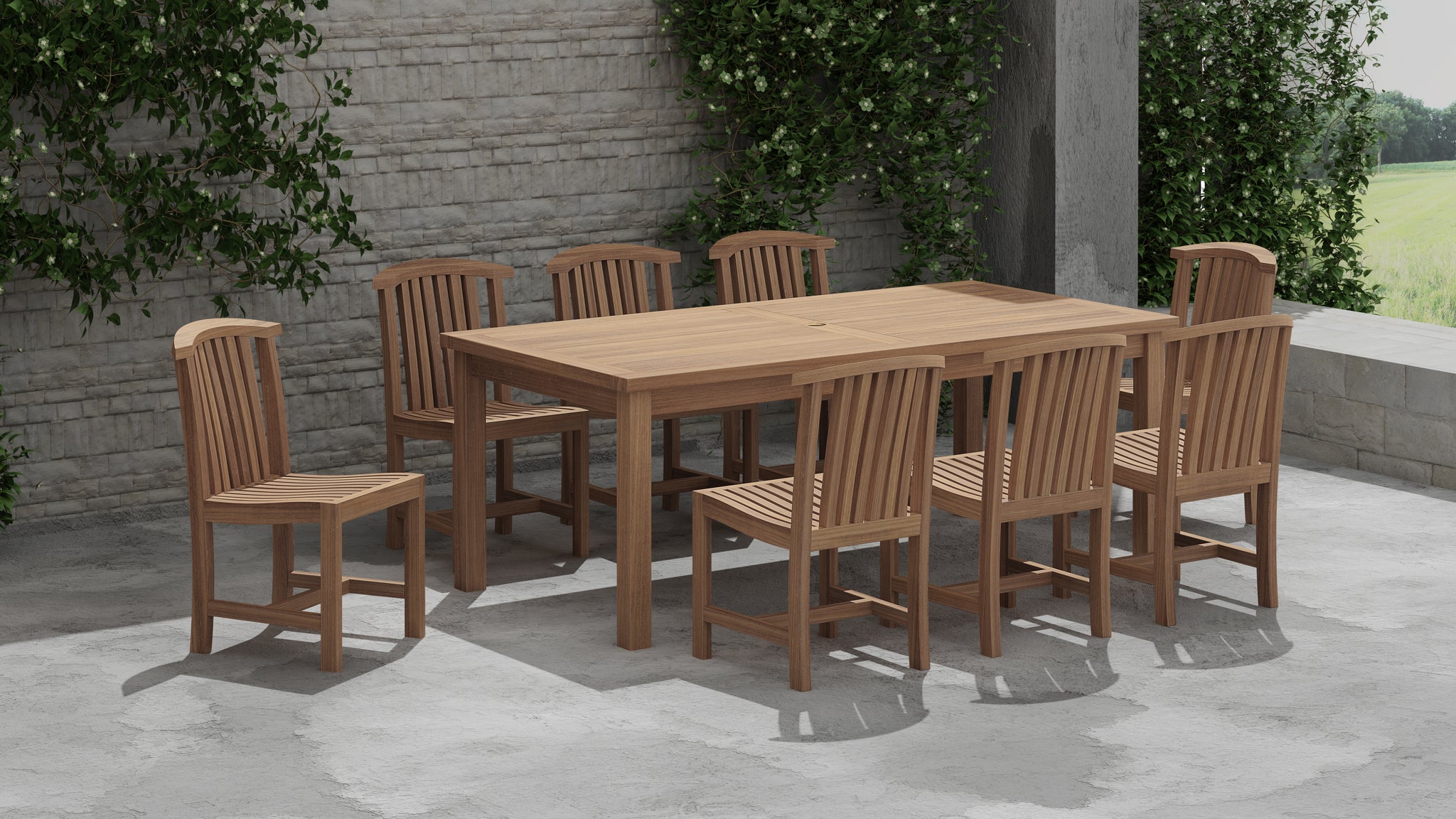 Fixed Rectangular Teak Dining Table with 8 Winchester Chairs
